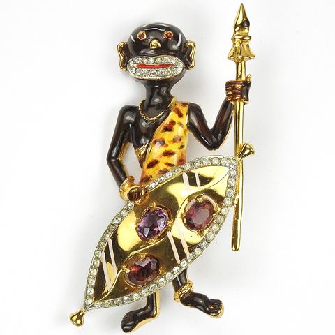 Corocraft Sterling Blackamoor African Zulu Tribesman with Spear and Shield Pin