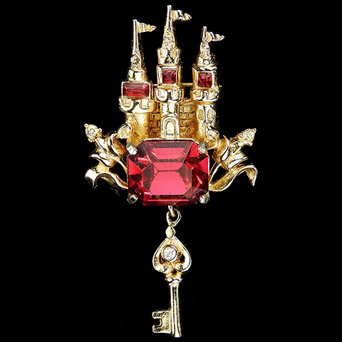 Coro Gold and Rubies Fantasy Three Turreted Castle with Pendant Key Pin