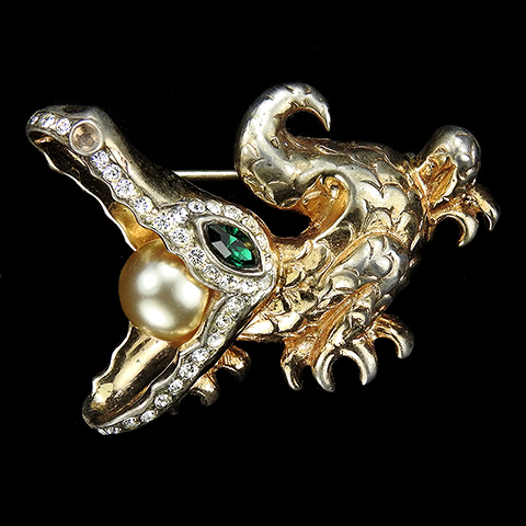 Corocraft Sterling Crocodile or Alligator eating a Pearl Pin