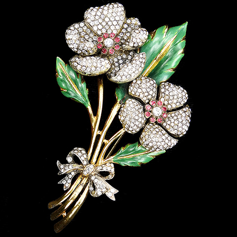Corocraft Sterling Gold Pave and Enamel Two Pave Flowers with Green Leaves and Bow Pin