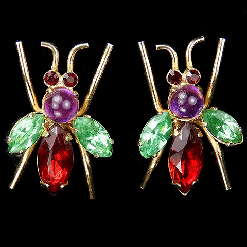 Coro Sterling Ruby Emerald and Amethyst Cabochon Bug Screwback Earrings