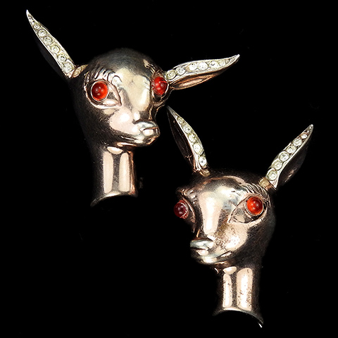 Bates and Bacon Sterling Gold Pave and Ruby Matched Pair of Baby Deer Fawn's Head Pins