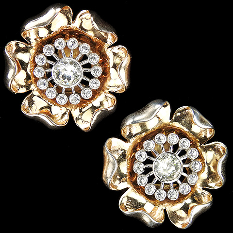 Dujay Sterling Gold and Pave Rose Flower Clip Earrings