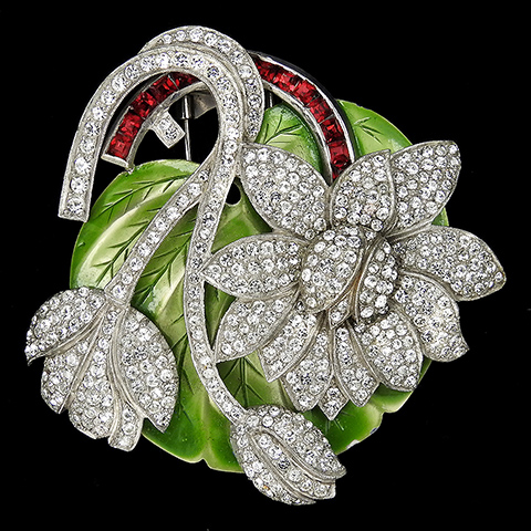 Dujay Pave and Metallic Enamel Flowers with Invisibly Set Ruby Stem Floral Spray Pin Clip