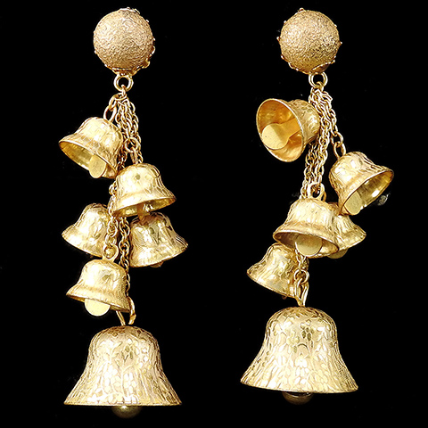 Miriam Haskell Golden Pendant Ringing Bells Pendant Pierced Earrings