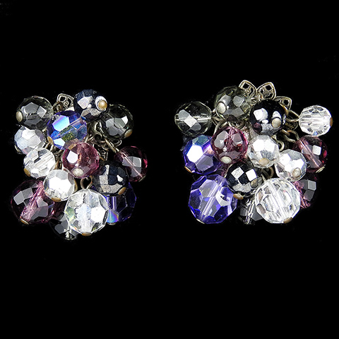 DeMario NY Amethyst and Aurora Borealis Poured Glass Beads Clip Earrings