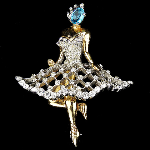 Reja Gold Pave and Aquamarine Large Ballerina Pin