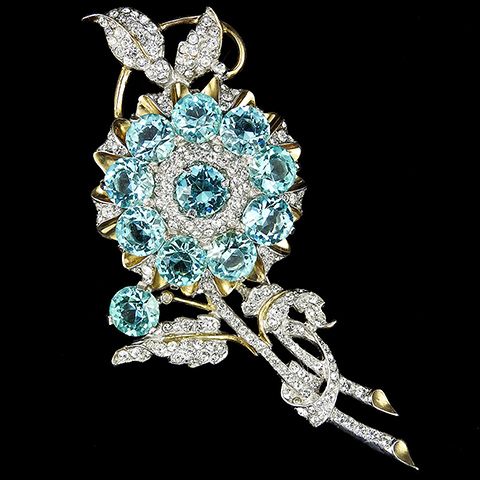 Reja Sterling Gold Pave and Aquamarine Chatons Floral Spray Flower Pin