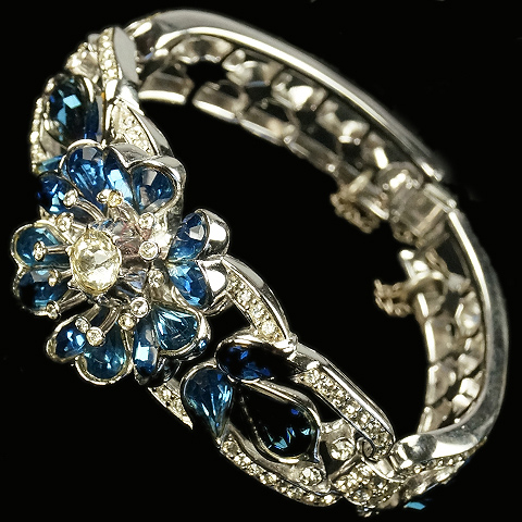 Trifari 'Alfred Philippe' Pave and Teardrop Sapphires Articulated Three Link Flower Bangle Bracelet