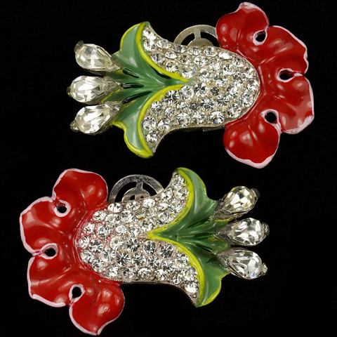Trifari 'Alfred Philippe' Pave Bellflower and Red and Green Enamel Large Clip Earrings