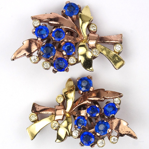 Trifari 'Alfred Philippe' Two Colour Gold Leaves and Sapphire Flowers Floral Spray Clip Earrings