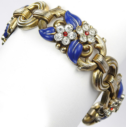 Trifari 'Alfred Philippe' Gold Blue Enamel Leaves and Diamante Spangled Flowers Oval Link Bracelet