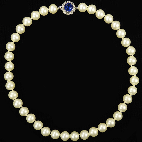 Trifari 'Alfred Philippe' Single Line of Pearls with Pave and Sapphire Clasp Choker Necklace