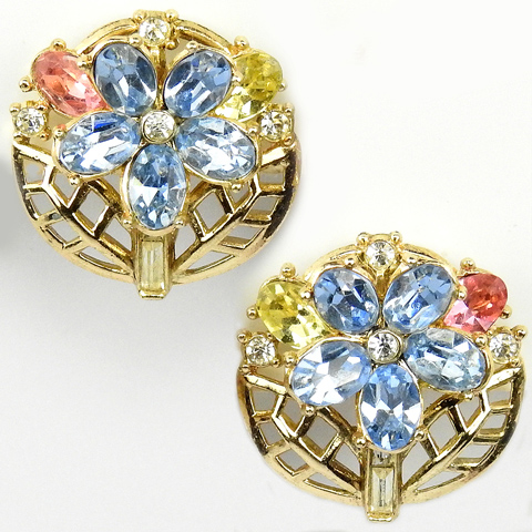Trifari 'Alfred Philippe' 'Fragonard' Gold Aquamarine Pink Topaz and Citrine Flowers and Leaves Circle Clip Earrings