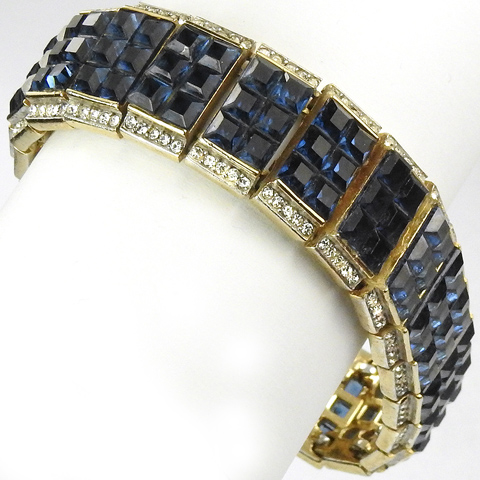 Trifari 'Alfred Philippe' Gold Pave and Invisibly Set Sapphire Squares Articulated Bracelet