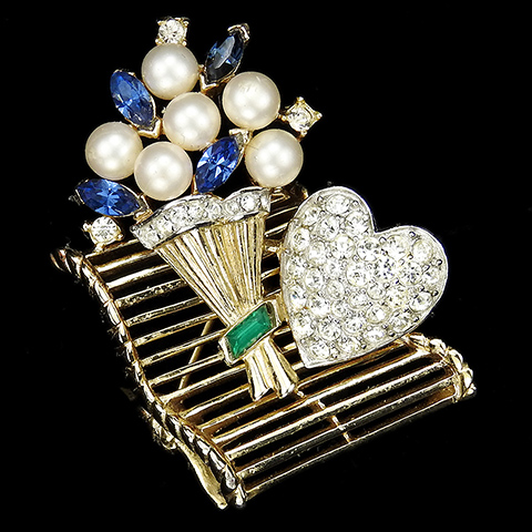Trifari 'Alfred Philippe' 'Paris in the Spring' Pearls and Sapphires Bunch of Flowers and Pave Heart on a Park Bench Valentine Pin