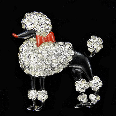 KTF Trifari 'Alfred Philippe' Pave and Black Enamel Miniature Poodle Dog with Red Bow Pin