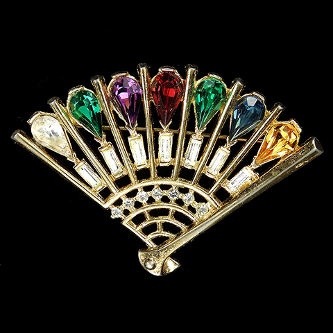 Trifari 'Alfred Philippe' 'Dearest' Gold Diamante Baguettes and Multicolour Stones Fan Pin