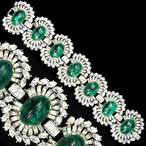 Trifari 'Alfred Philippe' Navettes Baguettes and Flawed Emerald Cabochon Starbursts Wide Seven Link Bracelet