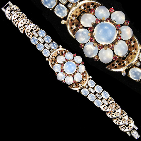 Trifari Sterling 'Alfred Philippe' Moonstone and Ruby Spangles Flower Cluster Link Bracelet 