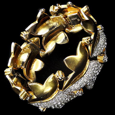 Trifari 'Alfred Philippe' Gold and Pave Seven Ivy Leaves Floral Link Bracelet