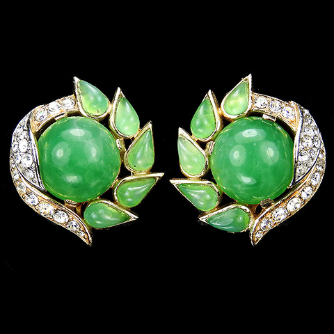 Trifari 'Alfred Philippe' Jewels of India Gold Pave and Emerald Cabochons Swirl Clip Earrings