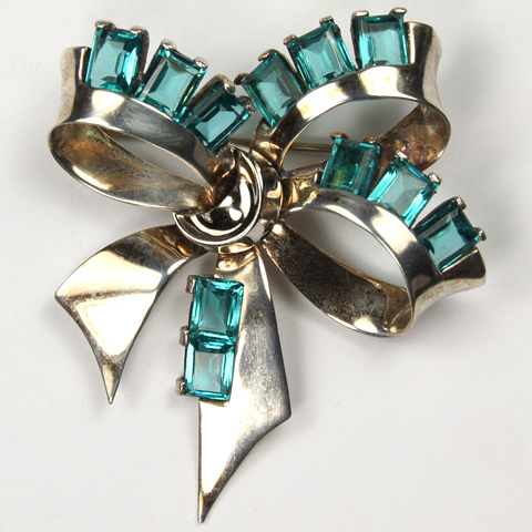 MB Boucher Sterling Gold and Square Cut Blue-Green Topaz Bowknot Pin