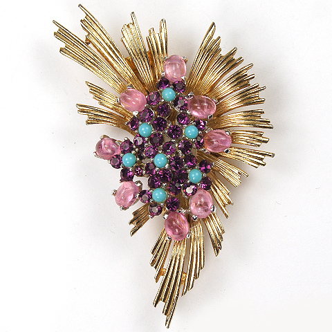 Boucher Gold Sunburst Amethysts and Turquoise Pin Clip