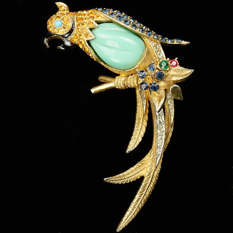 Boucher Gold Turquoise Belly and Sapphire Parrot on Branch with Flowers Pin