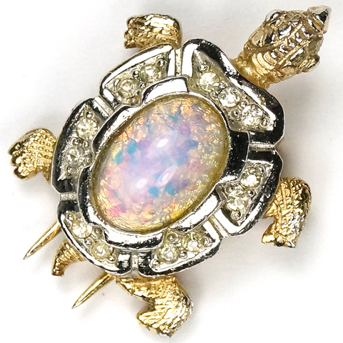 MB Boucher Gold Pave and Opal Cabochon Miniature Turtle Pin Clip