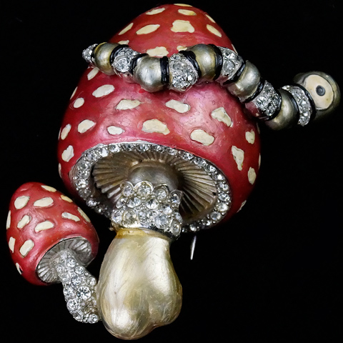 MB Boucher Metallic Enamel Caterpillar on a Double Spotted Mushroom Pin Clip