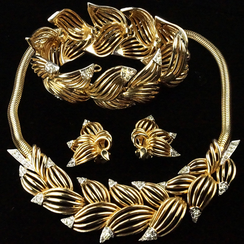 MB Boucher Gold and Pave Highlights Openwork Leaves Necklace Bracelet and Clip Earrings Set