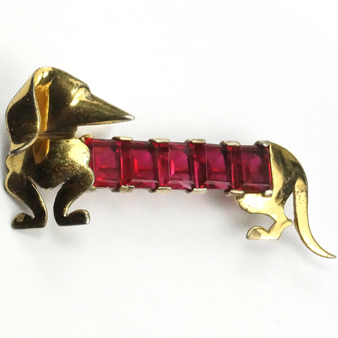 MB Boucher Sterling Gold and Square Cut Ruby Dachshund Dog Pin 