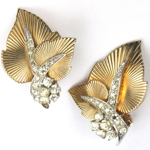 Boucher 'Golden Harvest' Gold and Pave Sunburst Leaves Clip Earrings