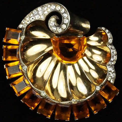 MB Boucher Sterling Gold Pave Square Cut and Demilune Topaz Large Seashell Swirl Pin Clip