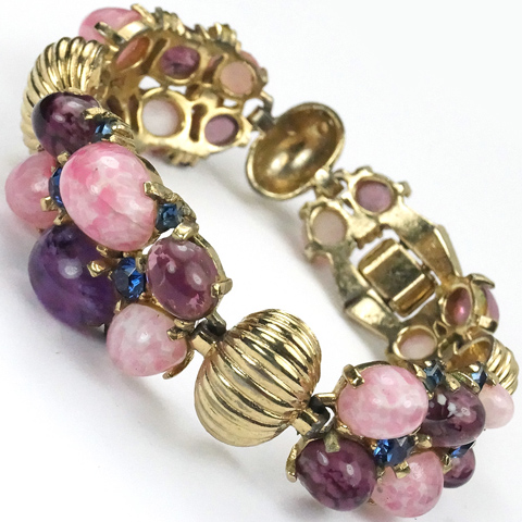 Boucher Gold Sapphires and Triple Pink Quartz and Amethyst Cabochon Clusters Bracelet