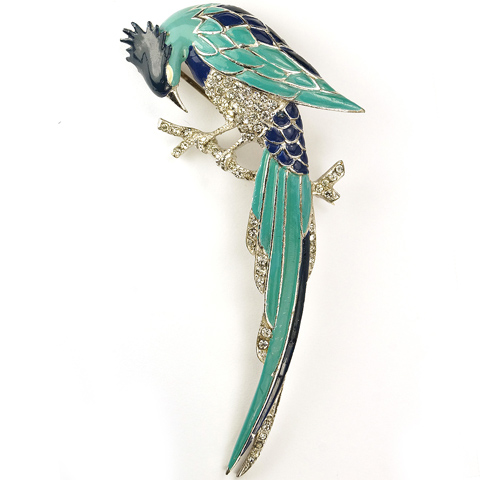 MB Boucher Pave Turquoise and Lapis Enamel Perching Bird Pin