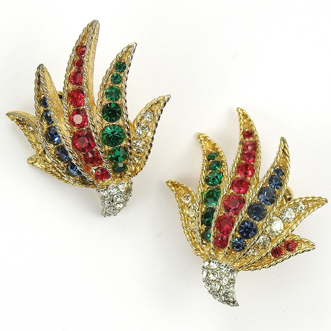 Boucher Gold Pave and Multicolour Leaves Clip Earrings
