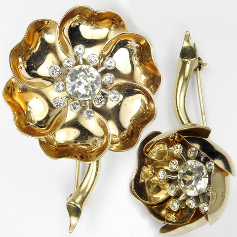MB Boucher Gold and Diamante Spangles 'Fleur de Nuit' Mechanical Opening and Closing Flower Pin