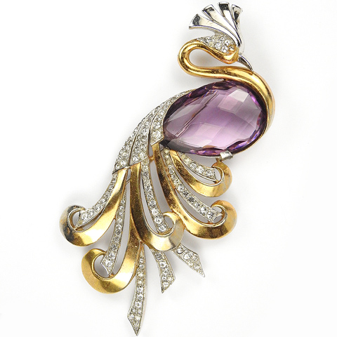 MB Boucher (unsigned) Gold Pave and Faceted Amethyst Giant Bird of Paradise Pin