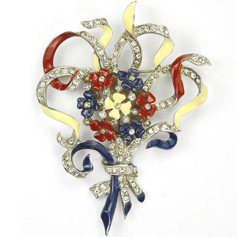MB Boucher WW2 US Patriotic Red White and Blue Lucky Four Leaf Clovers and Bows Floral Spray Pin