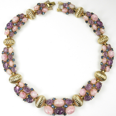 Boucher Gold Hemispheres Amethyst Sapphire and Pink Quartz Cabochons Necklace