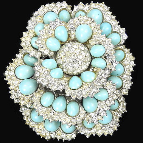 Boucher Pave and Turquoise Cabochons Flower Pin
