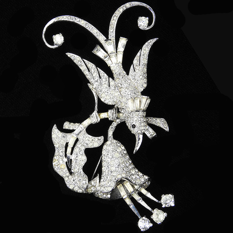 MB Boucher Pave and Baguettes Lyre Bird Perching on a Branch with Trembler Bell Flower Pin