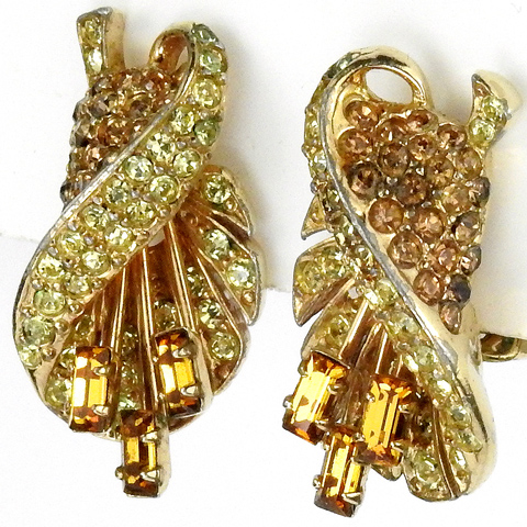 Boucher Gold Citrine and Topaz Baguette Stamens Flower Clip Earrings
