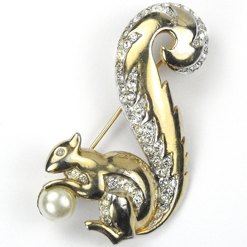 MB Boucher Gold and Pave Squirrel Holding a Pearl Pin