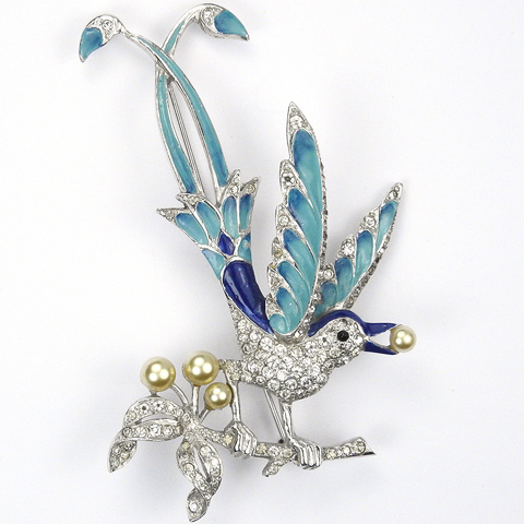 MB Boucher Pave Pearls and Blue Enamel Perching Lyre Bird on a Branch Pin