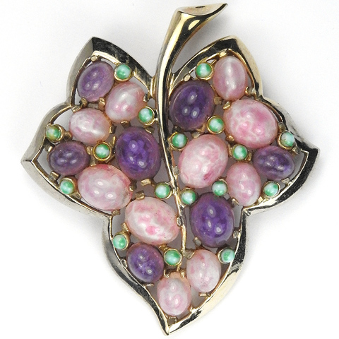 Boucher Gold Pink Quartz Amethyst and Jade Ivy Leaf Pin