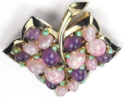 Boucher Gold Pink Quartz Amethyst and Jade Ivy Leaf Pin