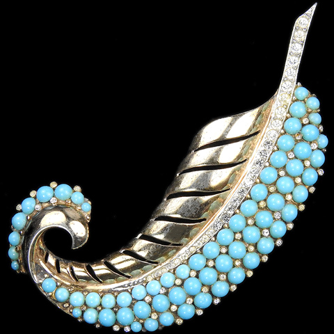 MB Boucher Sterling Gold Pave and Turquoise Cabochons Curling Leaf Pin